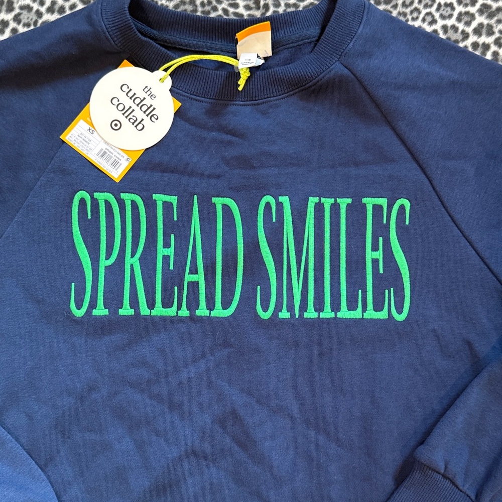 Cuddle Collab Spread Smiles Navy Blue Crewneck Sweatshirt Green Embroidery NWT - Picture 5 of 5